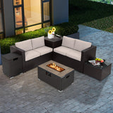Tangkula 6 Pieces Patio Wicker Furniture Set with 32 Inches Propane Fire Pit Table and Tank Holder