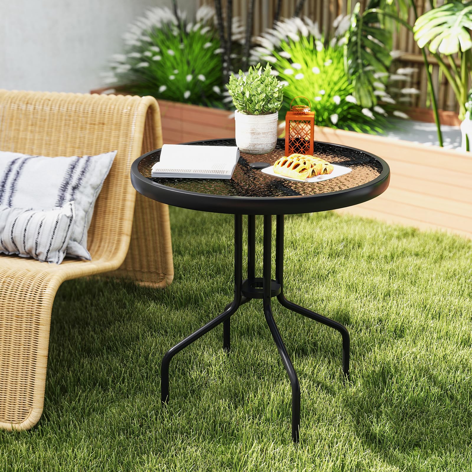 Tangkula 27.5 Inches Patio Round Glass Dining Table with 1.57" Umbrella Hole