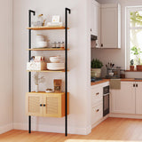 Tangkula Wall-Mounted Ladder Shelf with Rattan-Door Cabinet