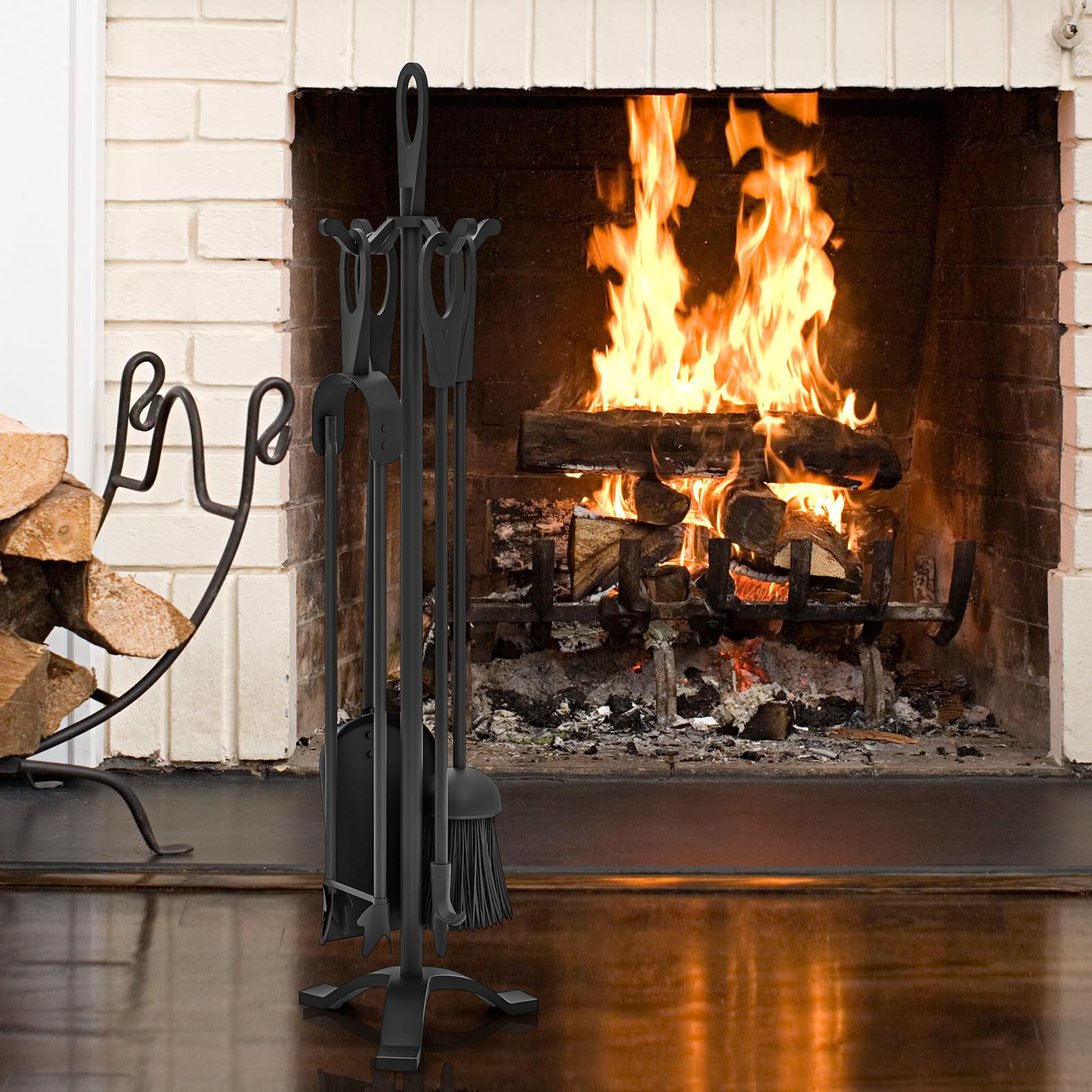 Forged Fireplace Tools Set 4 Pieces Fireplace Poker Fireplace Tongs Shovel Broom Hand Forged