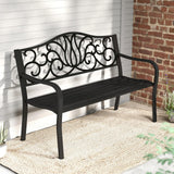 Tangkula 50 Inches Outdoor Garden Bench with Floral Design Backrest and Slatted Seat