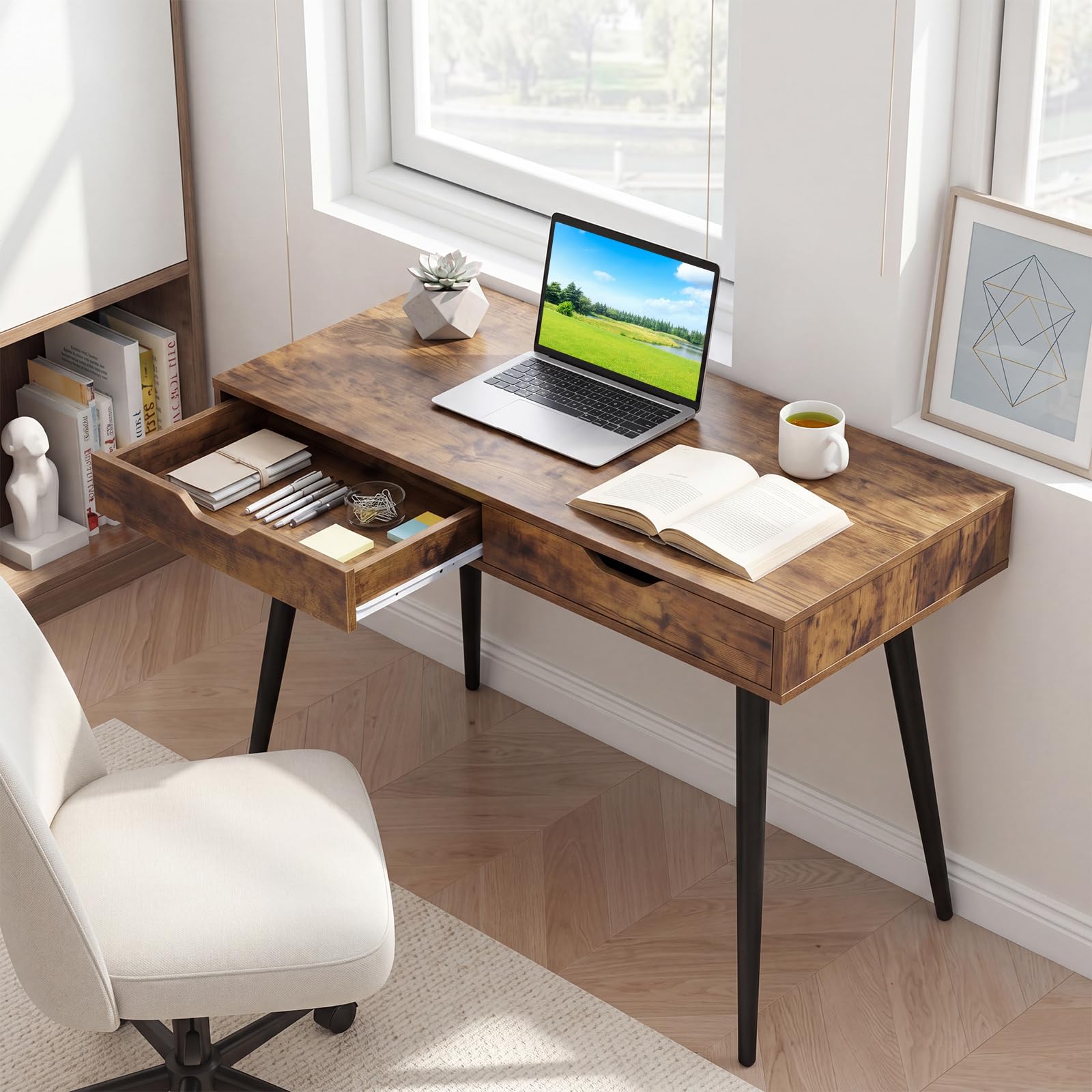 Tangkula Modern Writing Study Desk with 2 Storage Drawers