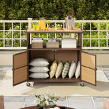 Tangkula Rattan Outdoor Storage Cabinet with Acacia Wood Countertop Open Compartment Storage Shelf
