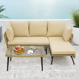 Tangkula Outdoor Wicker Furniture Set, 3-Piece L-Shaped Patio Sofa with Cushions & Tempered Glass Table