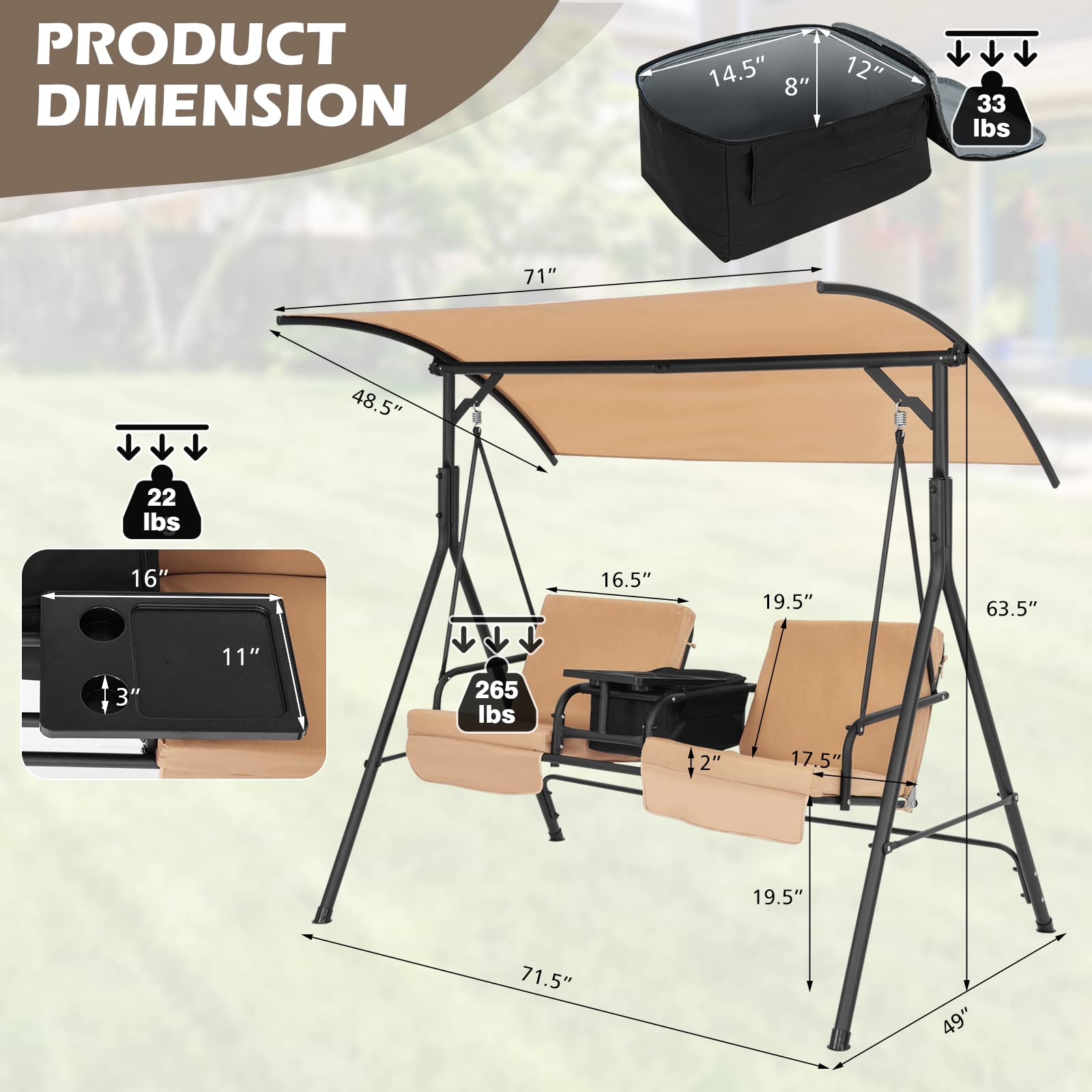 Tangkula 2 Person Porch Swing with Cooler Bag