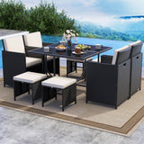 Tangkula 9 Piece Patio Dining Set with Tempered Glass Table & Ottoman
