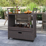 Tangkula Outdoor Rolling Wicker Bar Cart with Tempered Glass Top