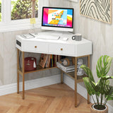 Tangkula Corner Desk with 2 Drawers & Built-in Charging Station, 90 Degrees Triangle Corner Computer Desk