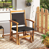 Tangkula Patio Rattan Glider Chair with Acacia Wood Frame & Wicker Seat Back
