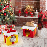 Tangkula 2 Gift Box Shaped Cute Christmas Cat House with Bow