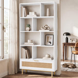 Tangkula Freestanding 6-Tier Wooden Bookshelf with Rattan Drawer