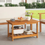 Tangkula Outdoor Patio 29.5” Rectangle Slatted 2 Tier Coffee Table with Storage Shelf