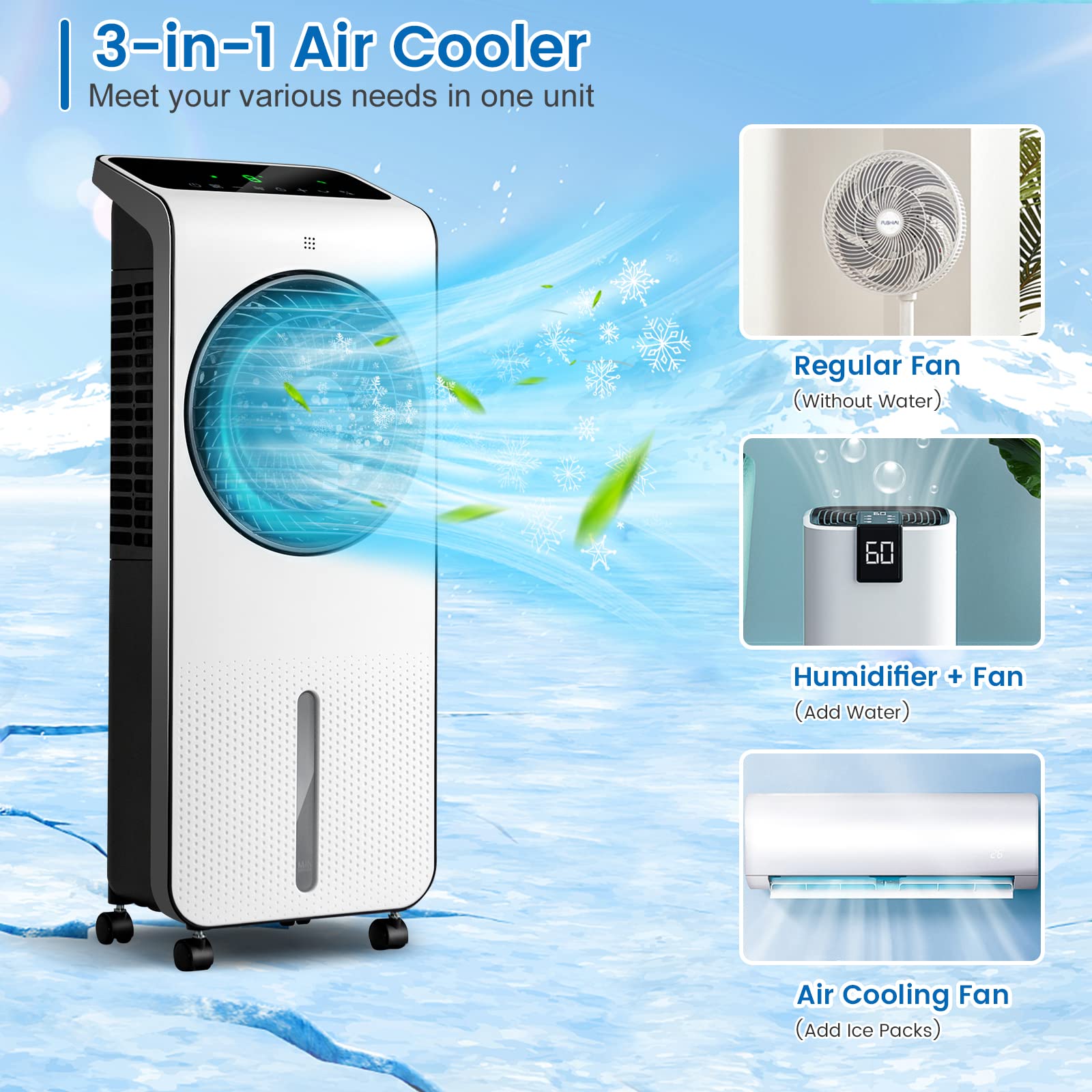Portable Evaporative Air Cooler, 3-in-1 Swamp Cooler w/ Remote