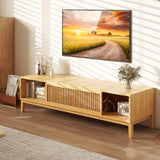 Tangkula Bamboo TV Stand for TVs Up to 65”, Mid Century Modern TV Console Table with Slats Sliding Doors & 2 Storage Shelves