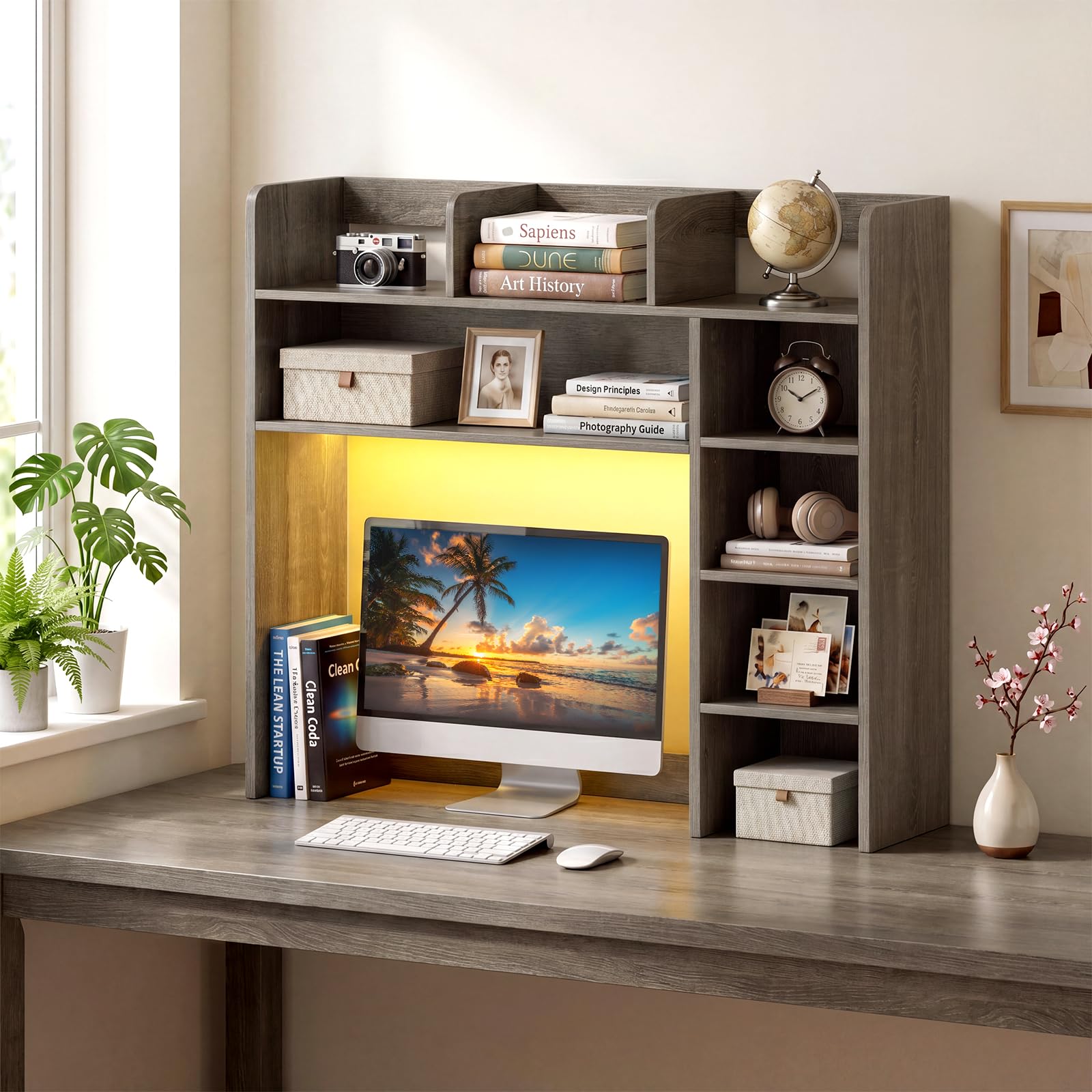 Tangkula Desktop Bookshelf with LED Lights | Desk Hutch with 8 Shelves for Max 25" Monitor