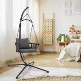 Tangkula Folding Swing Chair with Stand, Hanging Egg Chair with Cushion, Pillow, Wicker Basket Seat