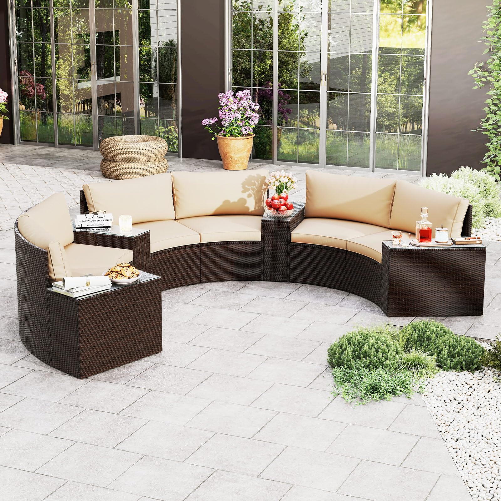 Tangkula Rattan Half-Moon Curved Sectional Cushioned Sofas with Side Tables