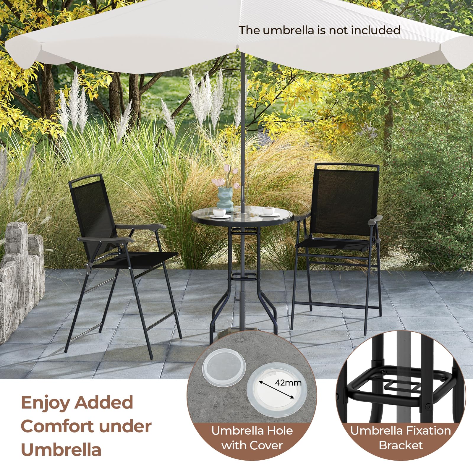 bar height patio table set with umbrella hole Tangkula 3-Piece Outdoor Bar Set, Counter Height Patio Bistro Furniture Set with DPC Tabletop & Umbrella Hole