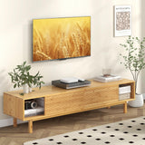 Tangkula Bamboo TV Stand for 65” 70” TVs, 63” Mid Century Modern TV Console Table with Sliding Doors & 3 Storage Compartments