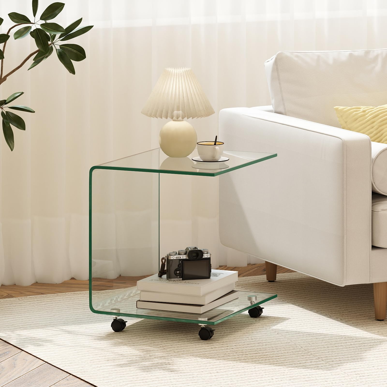 Tangkula Modern C-Shaped Tempered Glass Side Table
