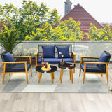 Tangkula 5 Piece Outdoor Conversation Set, Patiojoy Rattan Chair Set with 2 Coffee Tables, Stable Acacia Wood Frame