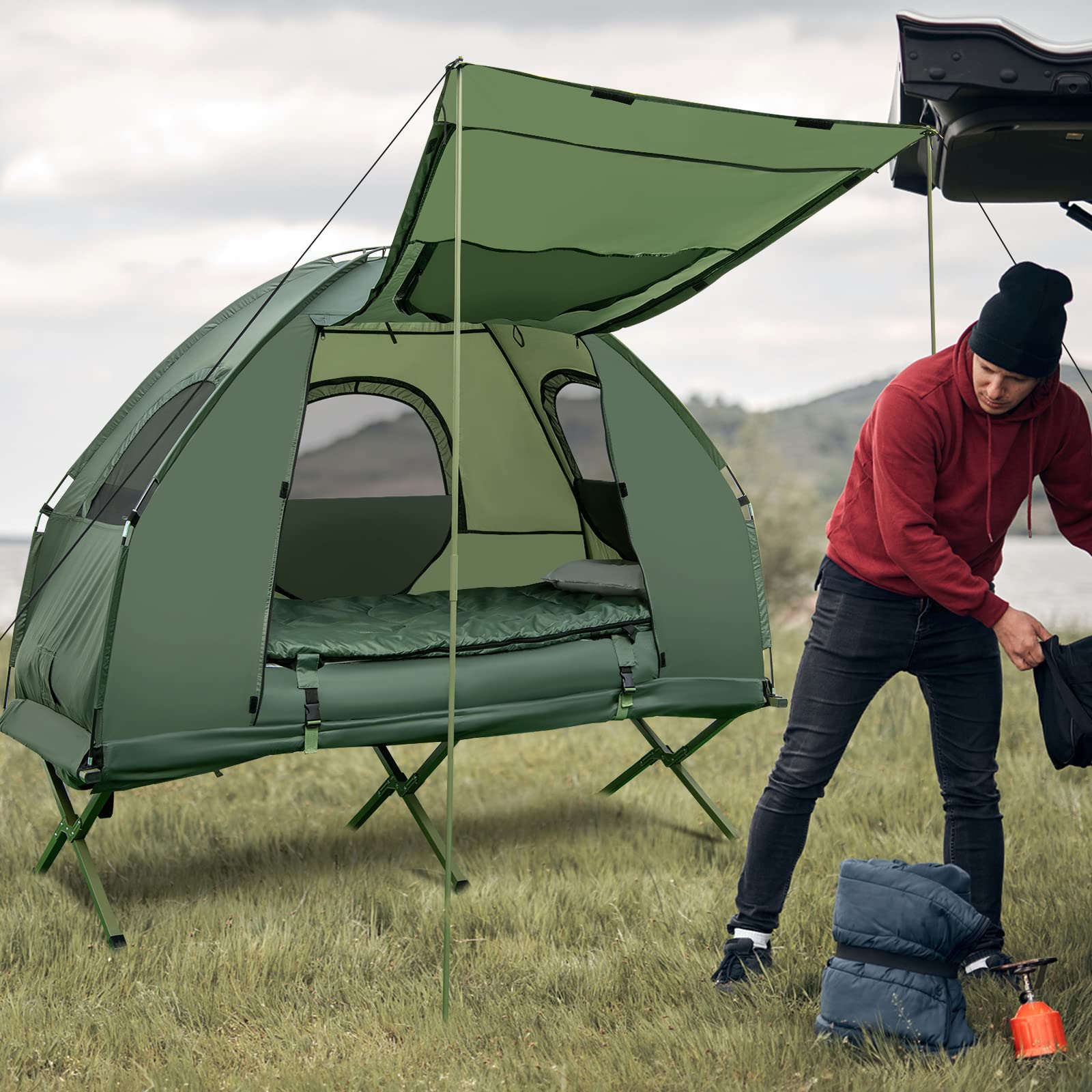 cot in tent Tangkula 1-Person Tent Cot, Foldable Camping Tent with Air Mattress