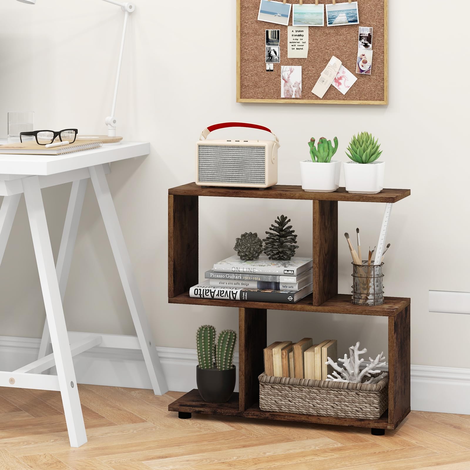 2 Tier Geometric Bookshelf, Freestanding Wood Display Shelf - Tangkula