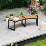Tangkula Patio Curved Bench, Acacia Wood Fire Pit Bench w/Slatted Seat & Metal Legs