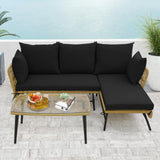 Tangkula Outdoor Wicker Furniture Set, 3-Piece L-Shaped Patio Sofa with Cushions & Tempered Glass Table