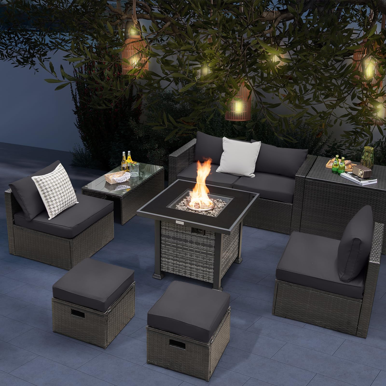 9 Pieces Patio Furniture Set with 50,000 BTU Propane Fire Pit Table - Tangkula