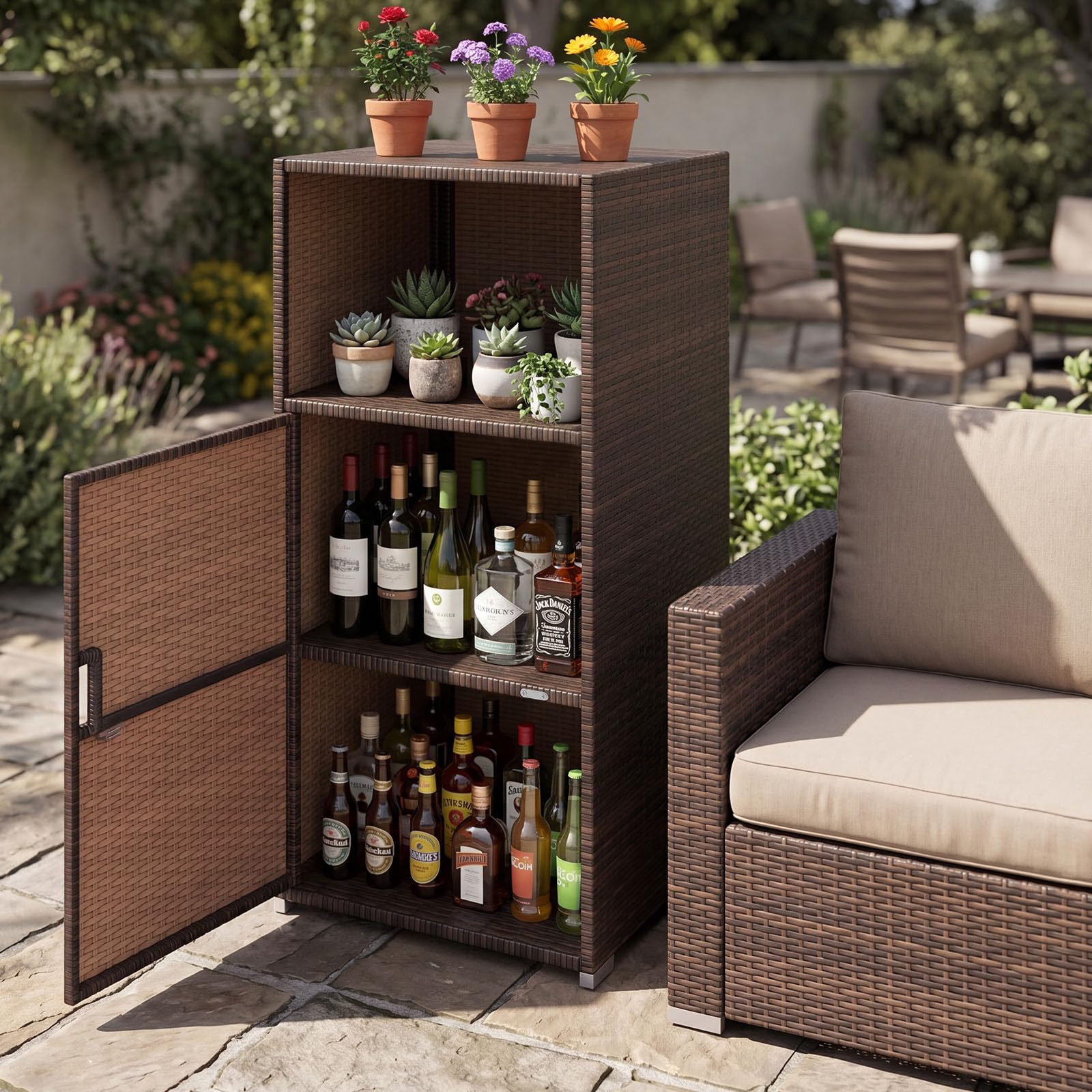 Tangkula PE Wicker Outdoor Cabinet with 3 Storage Shelves
