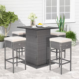 Tangkula 5 Piece Outdoor Rattan Bar Set, Patio Bar Furniture with 4 Cushions Stools and Smooth Top Table