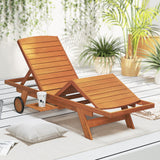 Tangkula Outdoor Chaise Lounge Chair with Wheels 4-Position Patio Wood Recliner with Adjustable Backrest