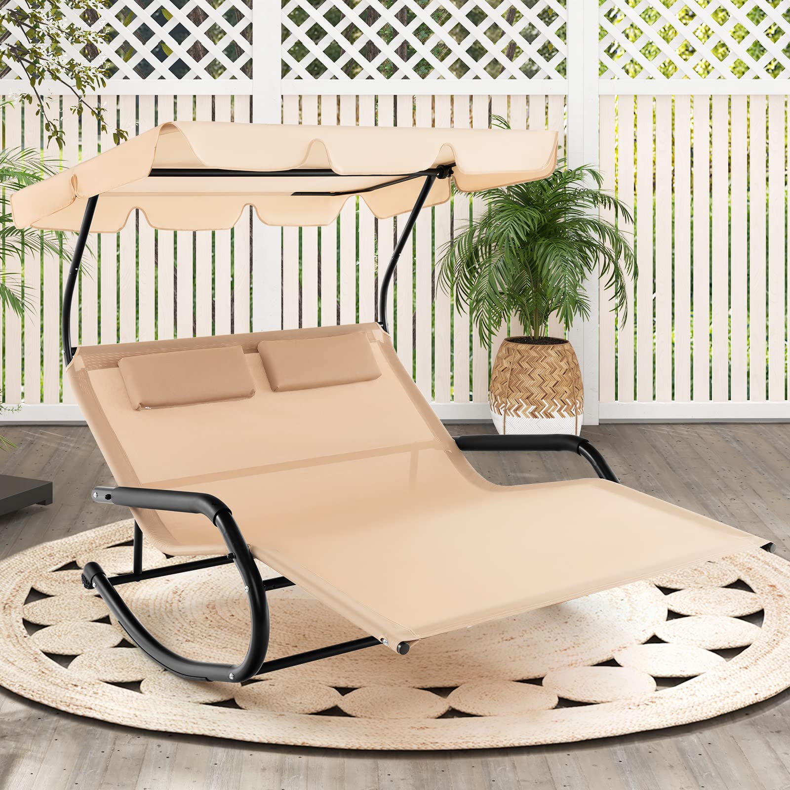 Tangkula 2 Person Lounge Chair with Adjustable Canopy, Outdoor Chaise Lounge with 2 Detachable Pillows and Wheels