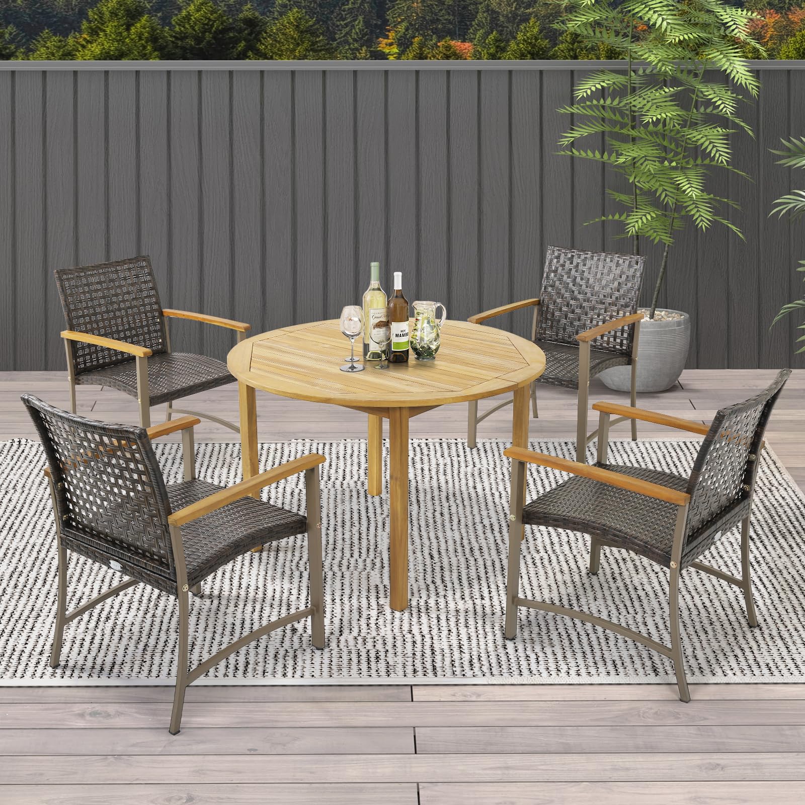 Outdoor PE Wicker & Heavy-Duty Metal Chairs with Acacia Wood Armrests - Tangkula