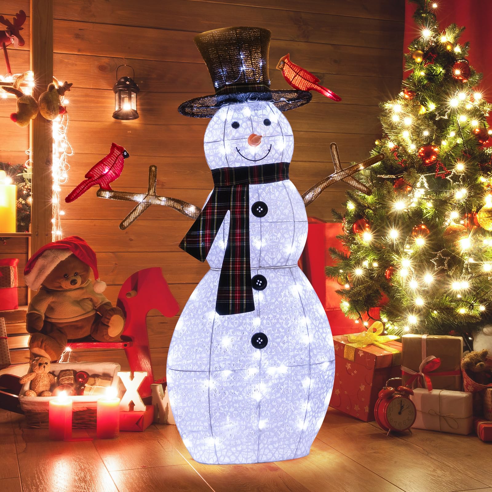 4.2 FT Lighted Christmas Snowman with Redbirds - Tangkula