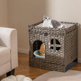 Tangkula Foldable Rattan Cat Litter Box Enclosure 2 Tier Wicker Cat Condo with Flip-Down Door & Window