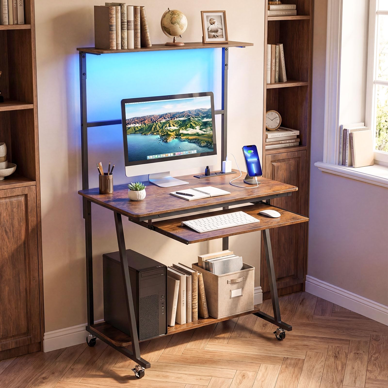 Tangkula Rolling Computer Desk Cart with Keyboard Tray & Charging Station