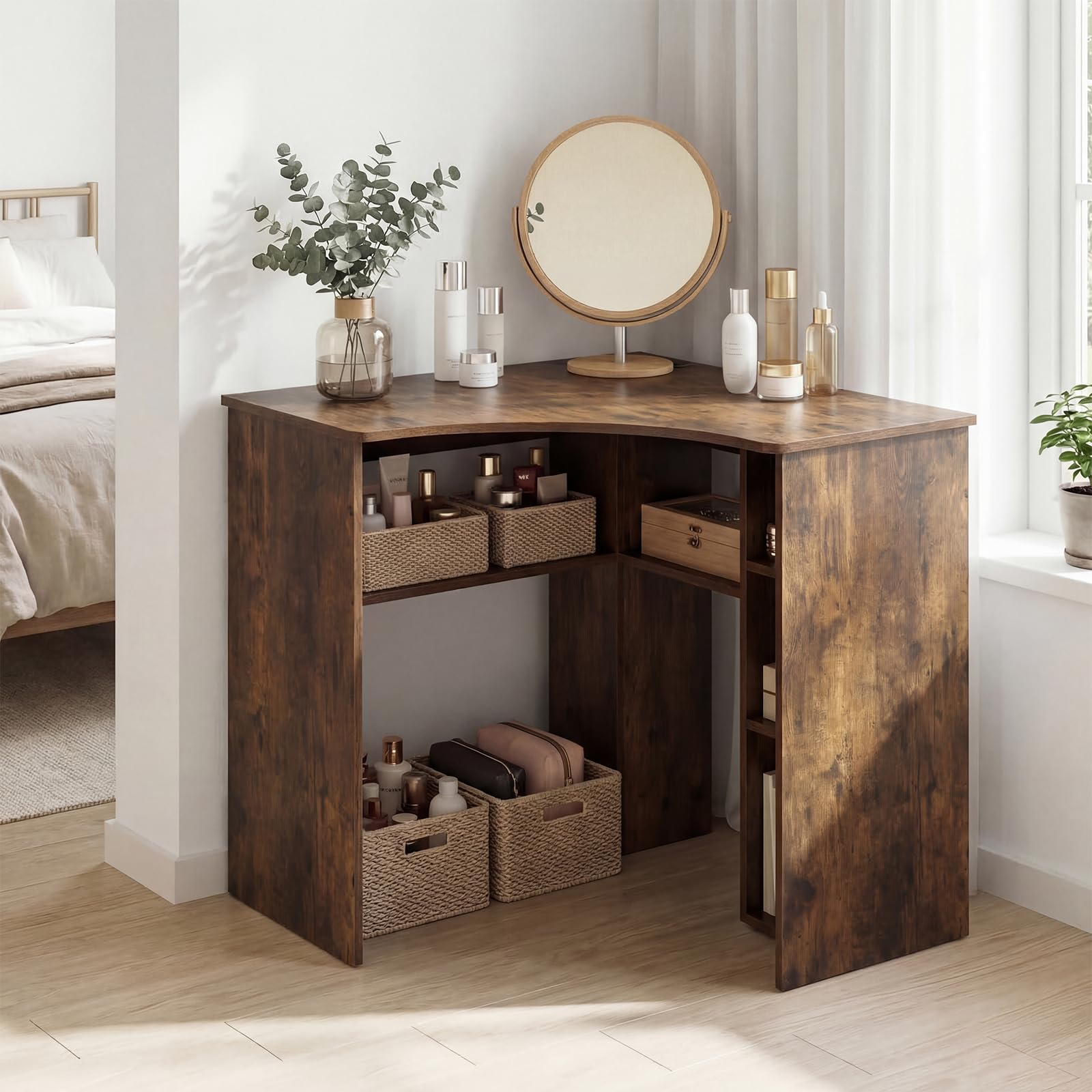 Tangkula 90-Degree Triangle Corner Desk with Charging Station & Open Storage Shelves