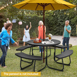 Tangkula 8 Person Picnic Table, Outdoor Round Picnic Table with 4 Built-in Benches, Umbrella Hole