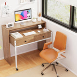 Extendable Computer Desk with 2 Drawers, Small Writing Desk with Pull Out Secondary Desk