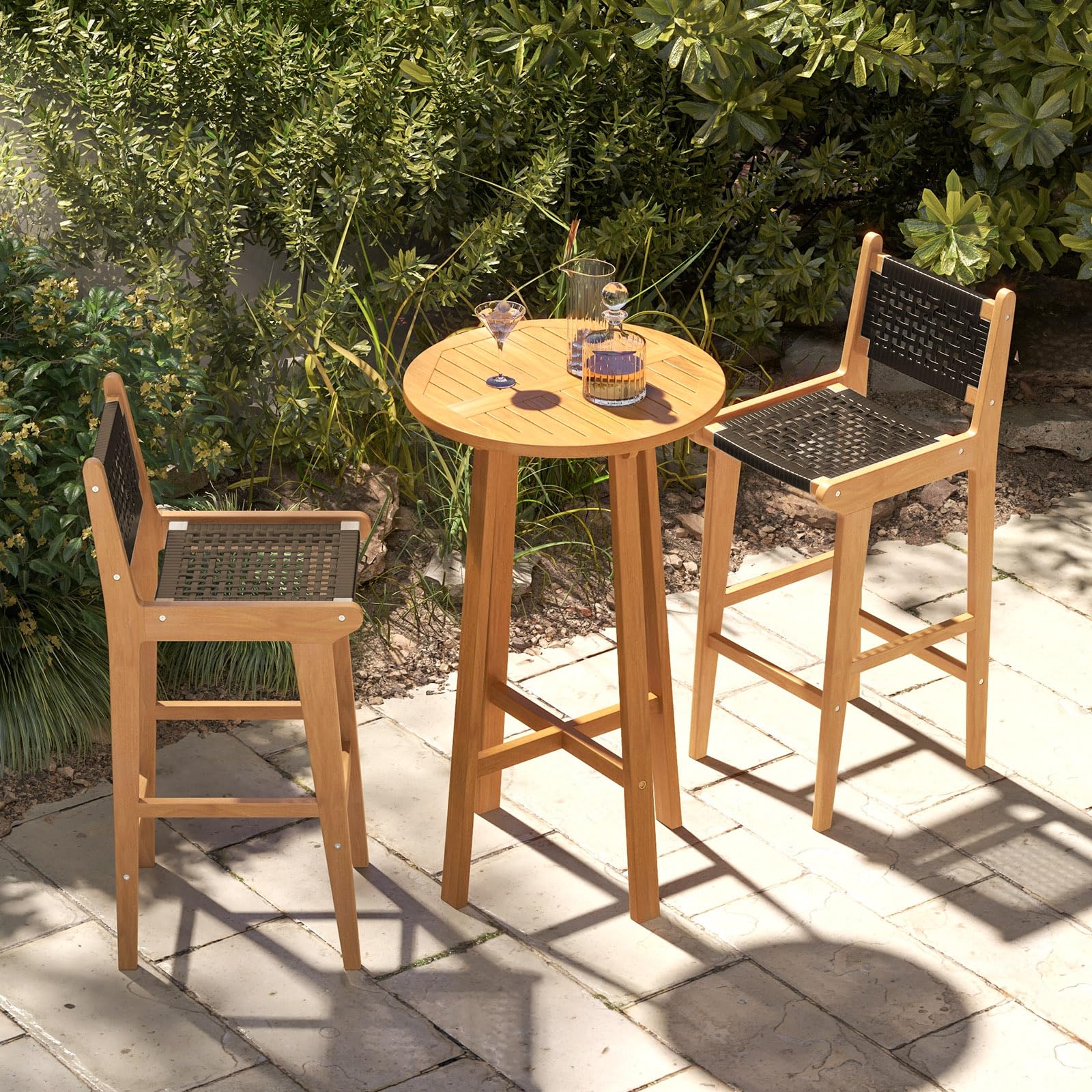 Tangkula 3 Piece Patio Bar Set, Teak Wood Bistro Furniture with Footrest, Round Cocktail Table with 2 Armless Rattan Bar Stools