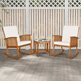 Tangkula 3 Pieces Acacia Wood Rocking Bistro Set, Rocker Chairs Conversation Set with Coffee Table and Cushions for Lawn, Balcony, Backyard