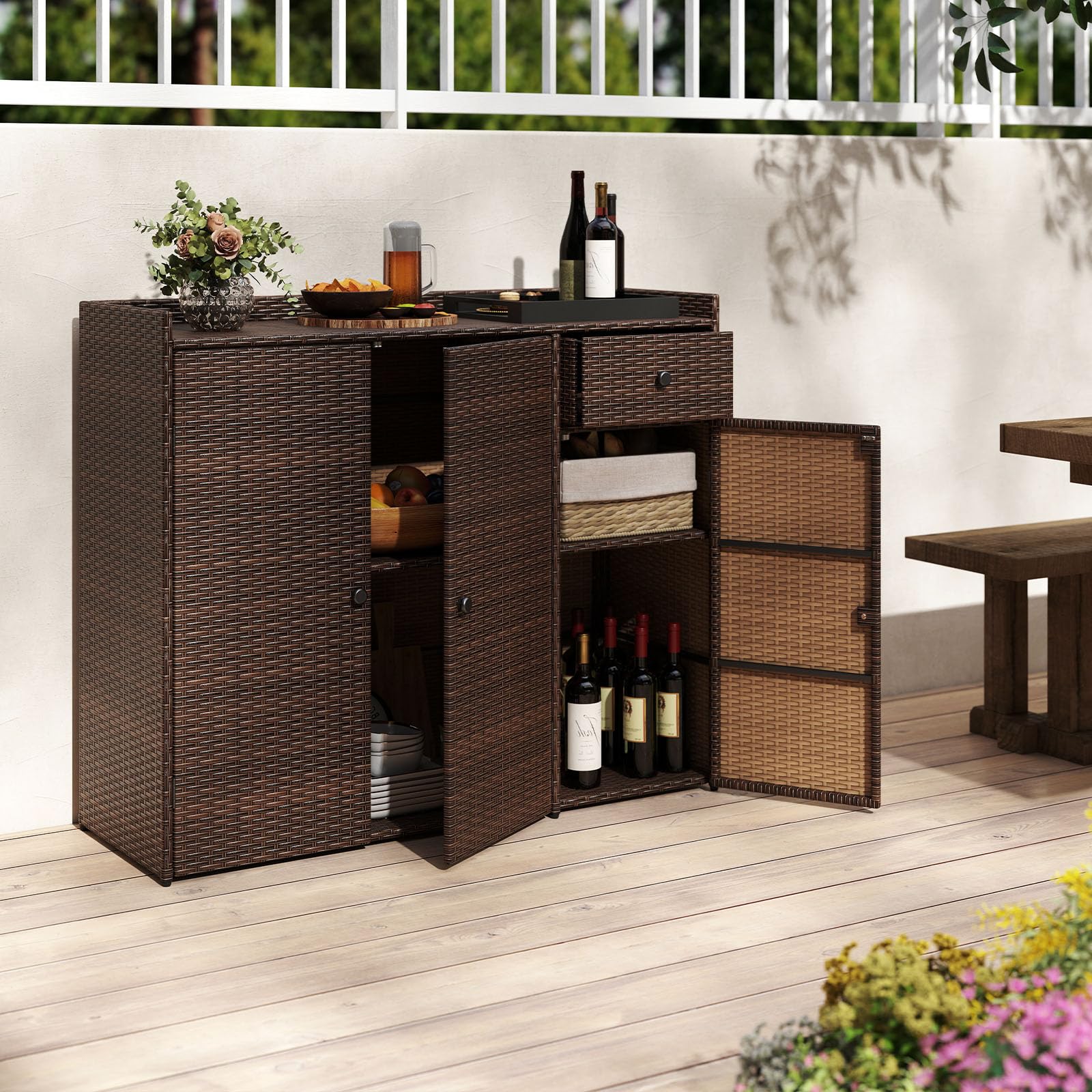 Tangkula Rattan Outdoor Storage Cabinet