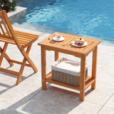 Tangkula Outdoor 2-Tier Patio End Table with Slatted Tabletop & Storage Shelf