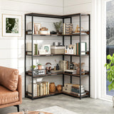 Tangkula 90 Degrees 5 Tier Industrial Wood Open Corner Bookcase for Small Spaces