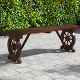 Tangkula Patio Rustic Wood Bench, Carbonized Wood Long Bench with Wagon Wheel Base, Slatted Seat Design