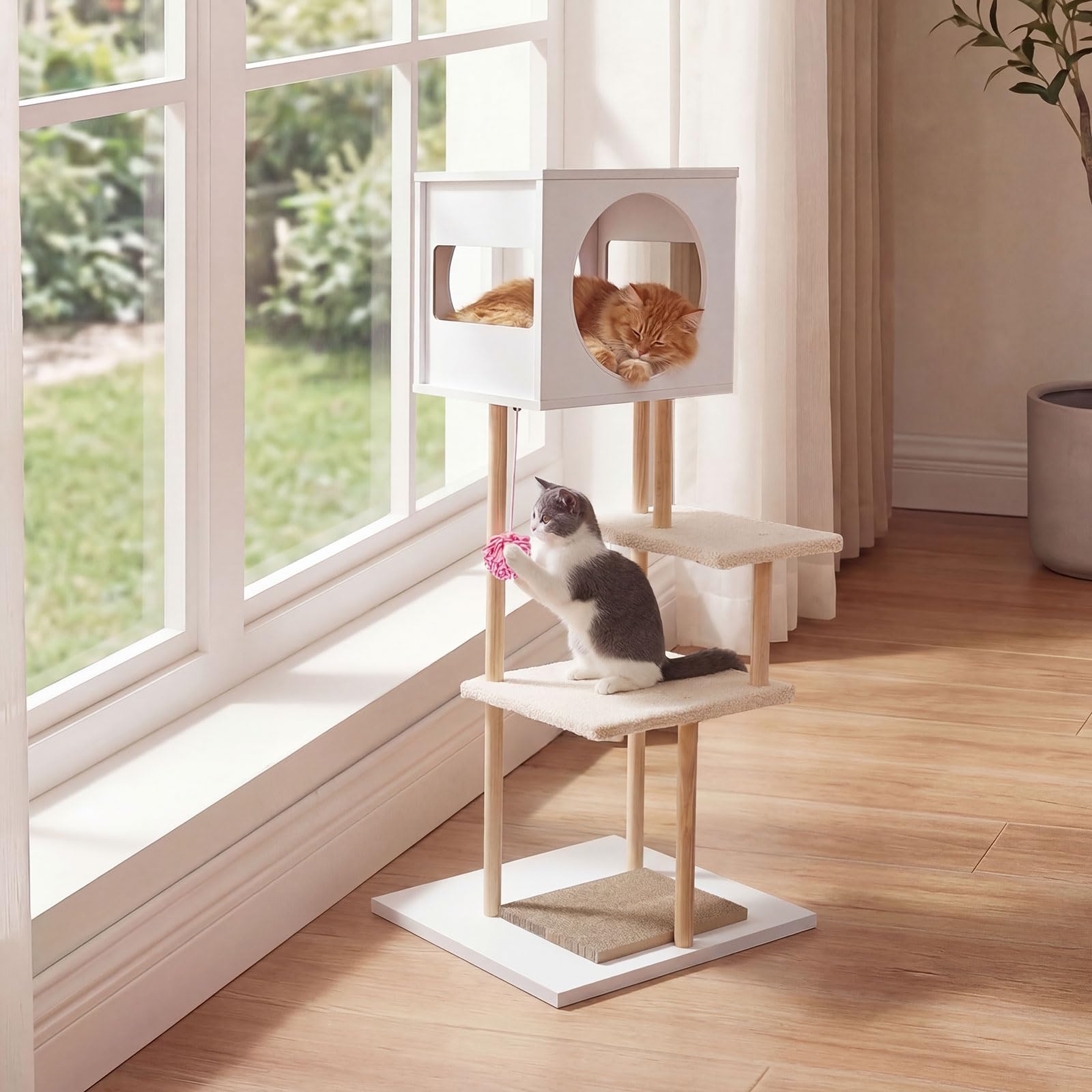Tangkula 40 Inches Minimalist Wood Cat Tower with Rubber Wood Posts