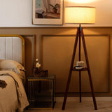 Tangkula Tripod Floor Lamp, Mid Century Wood Standing Lamp with Storage Shelves
