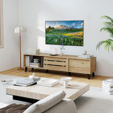 Mid Century Modern TV Stand for 80 Inch TVs with Sliding Door Cabinets and Storage Shelves